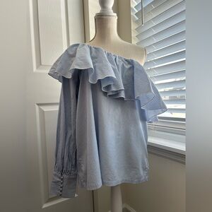 LOFT Sky Blue 100% Cotton Pen Striped Ruffled One Shoulder Long Sleeve Blouse